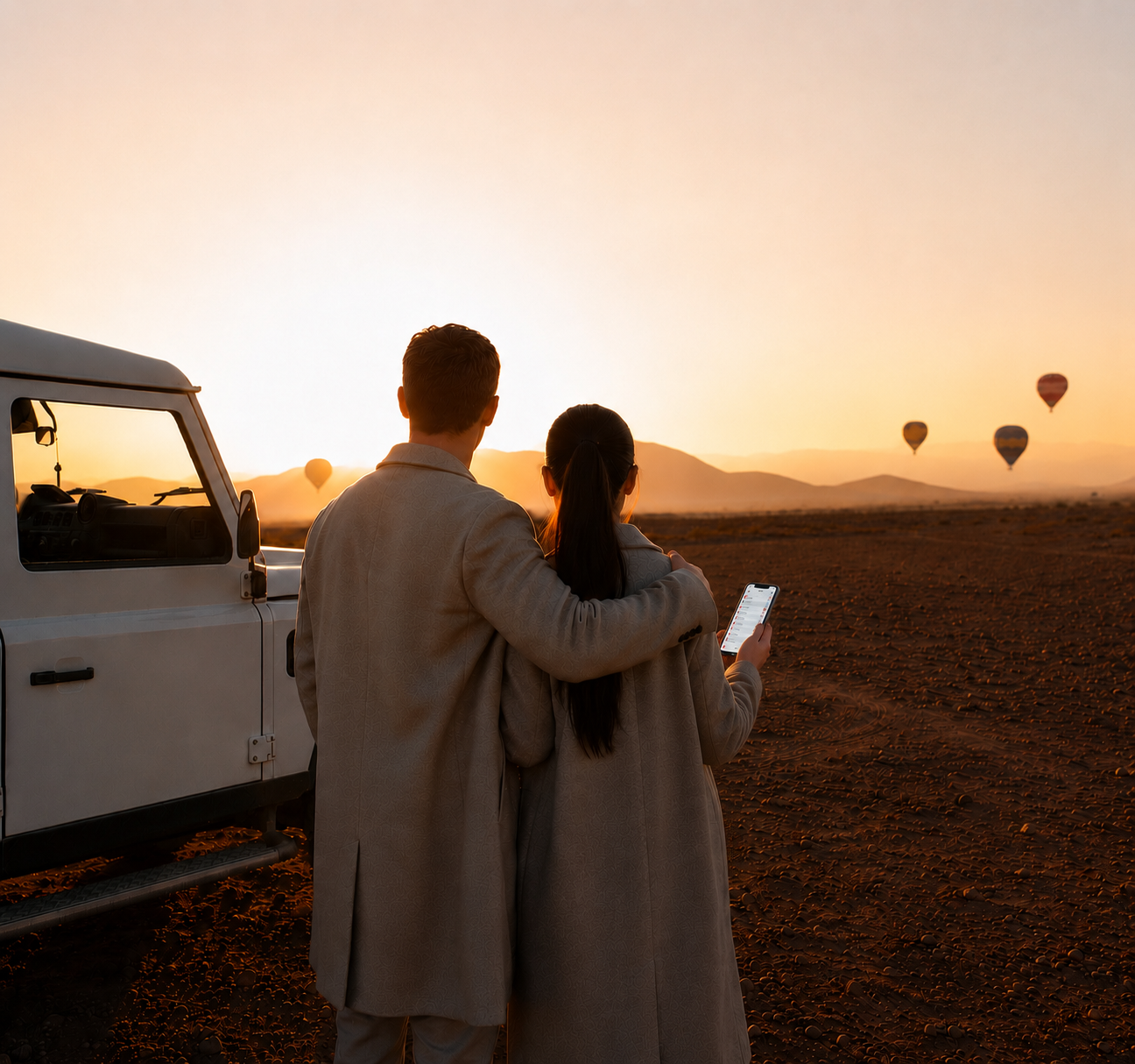 A couple watching hot air balloons at sunrise with a Land Rover