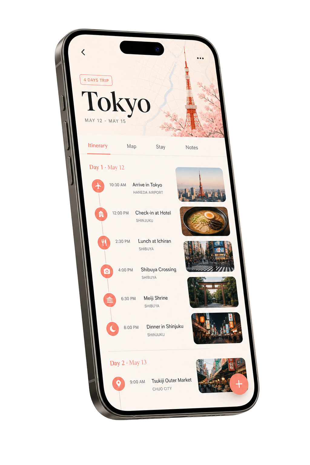 Trekvana iOS app showing a Tokyo trip itinerary